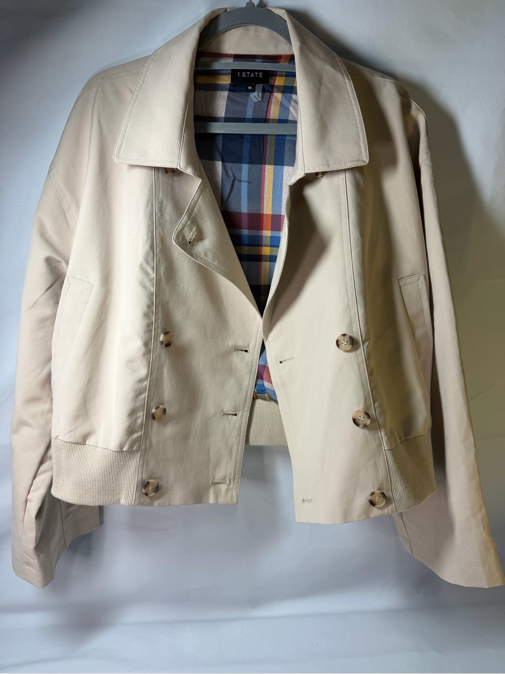 NWT 1.STATE Salt Air Cropped Trench Jacket Taupe Plaid Lined M